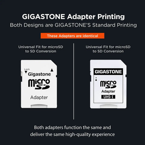 GIGASTONE microSD to SD adapter comparison showing two identical designs for universal fit and high-quality experience.