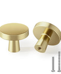 Rock Solid Brushed Gold Cabinet Knobs for Kitchen Drawers and Furniture, 1-1/4 Inch Round Hardware with Premium Zinc Build, Includes Mounting Screws, 10-Pack Set showcasing two knobs with mounting screws.