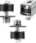 One And Five Eighth Inch Unistrut Trolley Limit Hardware For Strut Channel Beams And U Bracket, visible with cylindrical rubber blocks