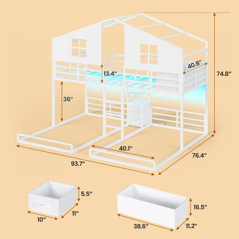 Triple Bunk Bed Space-Saving With House Shape For Kids, Twin Over Twin Over Twin, Metal Frame With 4 Storage Drawers