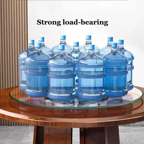 Premium Tempered Glass Lazy Susan Turntable And Slick Swivel Serving Tray with multiple water bottles on display.