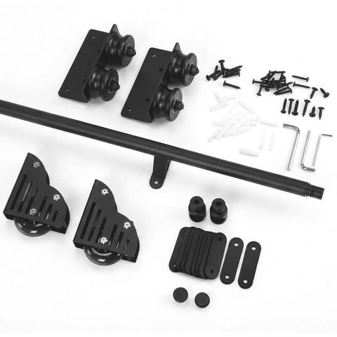 Heavy Duty Rolling Library Ladder Hardware Kit Crafted From Solid Carbon Steel Tracks With Smooth Braking Casters assembly components arranged on a flat surface.