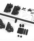 Top Shelf Carbon Steel Sliding Library Ladder Track Kit 20FT Long For Wall Bookshelves With Slick Roller Glides And Easy Setup Wall Mount Hardware Rack System No Ladder Included parts view including rollers, brackets, and mounting hardware.
