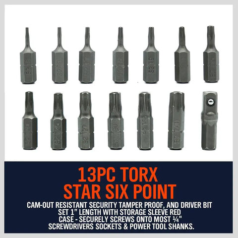 Rugged 14 Piece Tamper Resistant Torx Bit Set In S2 Alloy Steel T5 To T40 Security Star Bits with hexagonal shank layout