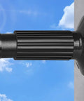 Extra Long Adjustable Curtain Rod No Drilling For Windows, Patio, Or Bathroom Outdoor Use, close-up on tension mechanism against sky.