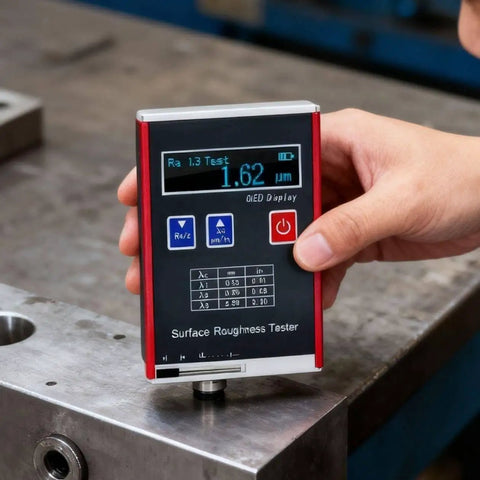 Portable Surface Roughness Tester Pro Grade Profilometer With Ra Rq Range 0.05 To 15.0 Micrometers And Rz Rt 0.1 To 50.0 Micrometers LED Display in use on metal surface
