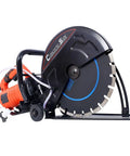 Badass 14 Inch Electric Concrete Saw With Genuine Diamond Blade Fueled By A Beast Mode 15 Amp Motor Spinning At 4300 Rpm For Wet Or Dry Cuts On Masonry Or Tile, showcasing the diamond blade and metal body.