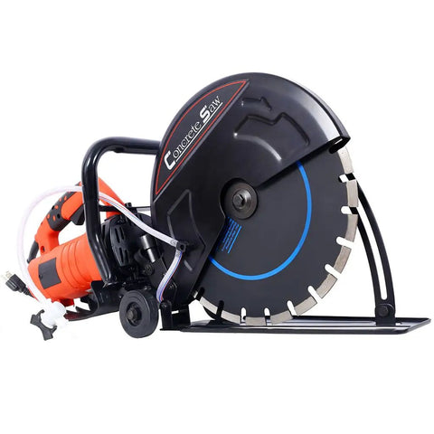 Badass 14 Inch Electric Concrete Saw With Genuine Diamond Blade Fueled By A Beast Mode 15 Amp Motor Spinning At 4300 Rpm For Wet Or Dry Cuts On Masonry Or Tile, showcasing the diamond blade and metal body.