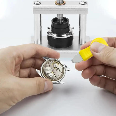 Watch Press Tool Set With 18 Molds Case Closer Crystal Press And Battery Replacement Repair Kit in use, handling watch components