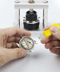 Watch Press Tool Kit With 18 Molds And Opener Remover for safe watch repair, showing battery replacement and back case closing process.