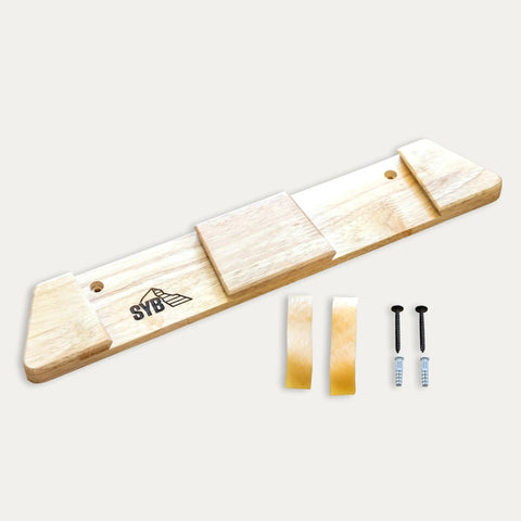 Dope Horizontal Wood Ski Rack Wall Mount With Calibrated Brackets Natural Oak Finish Heavy Duty Storage For Garage Cabin Game Room Holds Fifty Pounds showing mounting bracket and screws.