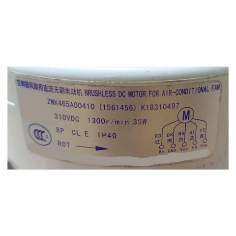 Beefy Indoor DC Fan Motor For Air Conditioning Units Replacement Part, Industrial Grade, High Efficiency, Durable Build, Easy Install, Long Lasting Performance For Commercial And Home Conditioning Systems label close-up