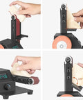 Electric Belt Sander And Polisher With Adjustable Grinding Platform For Woodworking And Knife Sharpening in use adjusting angle.