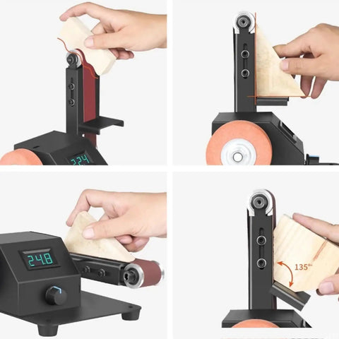 Electric Belt Sander And Polisher With Adjustable Grinding Platform For Woodworking And Knife Sharpening in use adjusting angle.