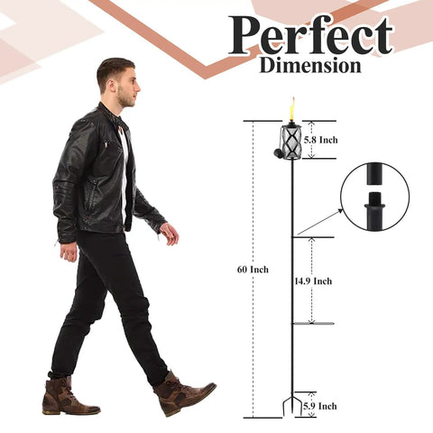 Diagram showing dimensions of Six Pack Glass Citronella Torches For Outdoor Use 16 Oz Fuel 55 Inch Clear Glass Torches