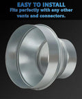 Air Duct Reducer 6 to 4 Inch Round Duct Adapter Galvanized Steel for Inline Ventilation System, showing side view and metal finish.