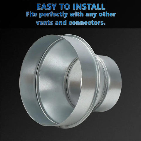 Air Duct Reducer 6 to 4 Inch Round Duct Adapter Galvanized Steel for Inline Ventilation System, showing side view and metal finish.