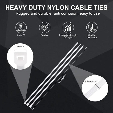 Heavy Duty 12 Inch Zip Ties 100 Pack Self Locking Nylon Cable Ties White with dimensions and features displayed