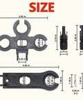 Detailed dimensions of the All In One MC-4 Solar Connector Kit with six connectors and two spanner wrenches for easy assembly.
