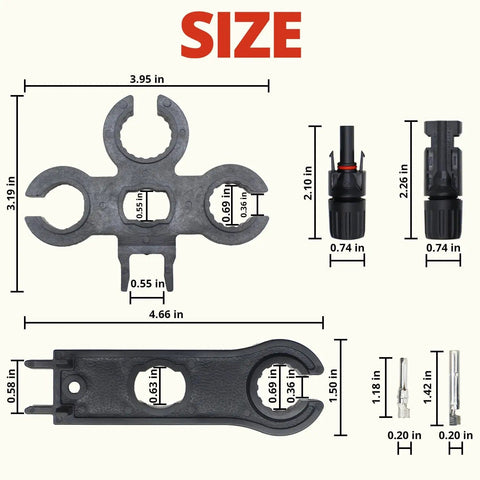 Detailed dimensions of the All In One MC-4 Solar Connector Kit with six connectors and two spanner wrenches for easy assembly.