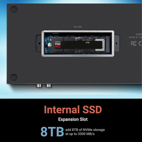 Thunderbolt 5 Dock With M.2 NVMe SSD Expansion And 10Gb Ethernet showing internal 8TB SSD expansion slot for fast storage.