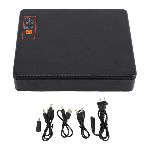 Mini Ups Battery Backup 16000Mah Power Supply For Routers And Modems Us Plug, compact with LED display and cables.