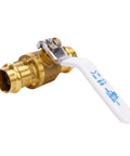 No Sweat 3/4 Full Port Press Ball Valve For Pure Household Water with brass body and white handle, designed for copper pipe installations.