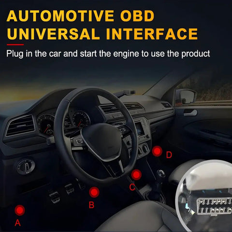 Interior view of a car showing the placement of the Universal OBD2 Code Reader and its interface for easy access.