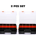 Two-piece Interlocking Tool Box Organizer with removable dividers, black durable plastic case, open view, secure latch