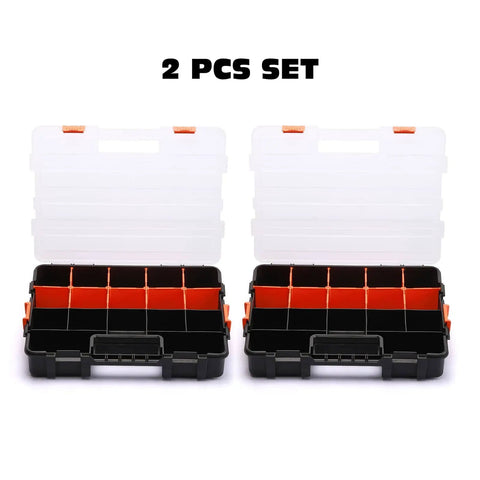 Two-piece Interlocking Tool Box Organizer with removable dividers, black durable plastic case, open view, secure latch