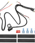 Seven Eighths Inch Handlebar Light Bar Wiring Harness Kit with 12V 40A Relay, connectors, and fuses for motorcycles and ATVs.