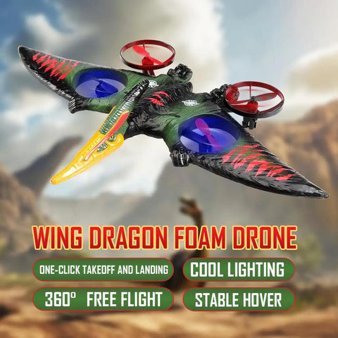 Pterodactyl Dragon RC Drone For Kids And Adults Indoor Ready Remote Control Plane With 6 Axis Gyro Stabilization Colorful Mouth Spray And Lights Easy To Fly Beginner Hobby Aircraft Gift For Boys 8 To 12 hovering outdoors.