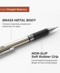 Close-up of brass metal mechanical pencil with non-slip soft rubber grip from Do It All Six Piece Art Mechanical Pencil Set For Writing, Sketching And Drawing With 0.5mm, 0.7mm, 0.9mm And 2.0mm Pencils Plus Lead Refills, Erasers, Cap Refills, Sharpener And Lead Holders In A Portable Case.