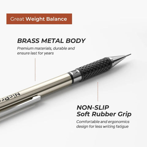 Close-up of brass metal mechanical pencil with non-slip soft rubber grip from Do It All Six Piece Art Mechanical Pencil Set For Writing, Sketching And Drawing With 0.5mm, 0.7mm, 0.9mm And 2.0mm Pencils Plus Lead Refills, Erasers, Cap Refills, Sharpener And Lead Holders In A Portable Case.