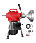 Heavy Duty Electric Drain Snake Pipe Unjammer Featuring Tough Manganese Steel Coil and Swappable Cutters for pipe cleaning.