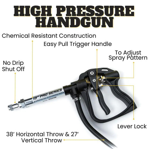 High Pressure Handgun for 25 Gallon Platinum Spot Sprayer, chemical resistant with easy pull trigger and adjustable spray pattern.