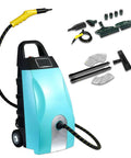 Kick The Grease With This Bad Boy Commercial 3000 Watt Steam Cleaner with blue body and nozzle, includes various cleaning attachments.