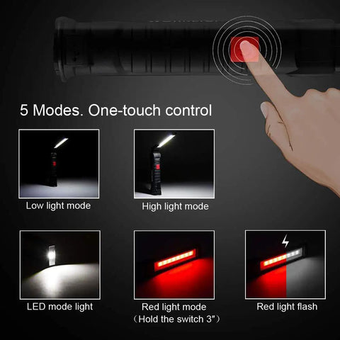 Image showing five modes of the Two Pack LED Work Lights USB Rechargeable COB Light With Magnetic Base 360 Degree Rotation.