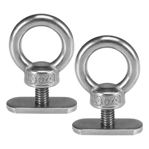 Close-up of two stainless steel eye bolts from the Stainless Steel Eye Bolts Kit For Track Mounting And Tie Downs 15 Piece Kayak Mount Replacement Eyelets Anti Rust Corrosion Resistant Heavy Duty Fastening Rings