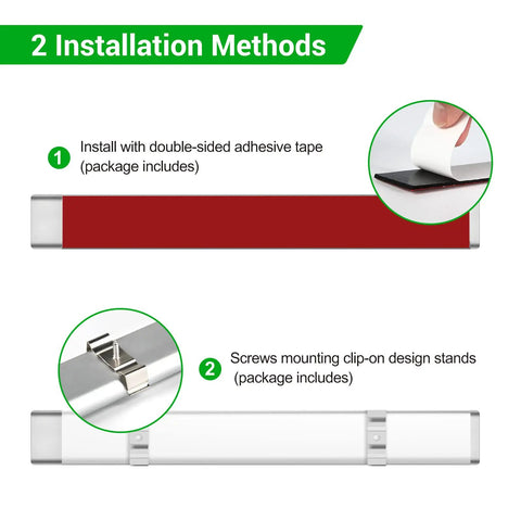 12V LED Interior Light Bar for Trailers and RVs installation methods with adhesive tape and screws.