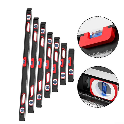 High Precision Aluminum Alloy Level with Exposed Magnets, displayed in various lengths with efficient bubble levels.