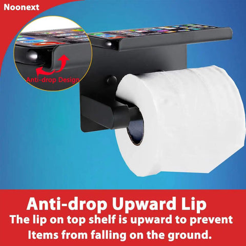 Adhesive Stainless Steel Toilet Paper Holder With Shelf No Drilling Matte Black Mega Roll Dispenser with phone on top