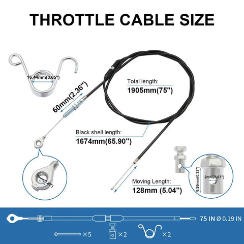 75 Inch Heavy Duty Universal Throttle Cable Kit For Predator 212cc 196cc GX160 GX200 VM22 VM24 Engines detailed dimensions