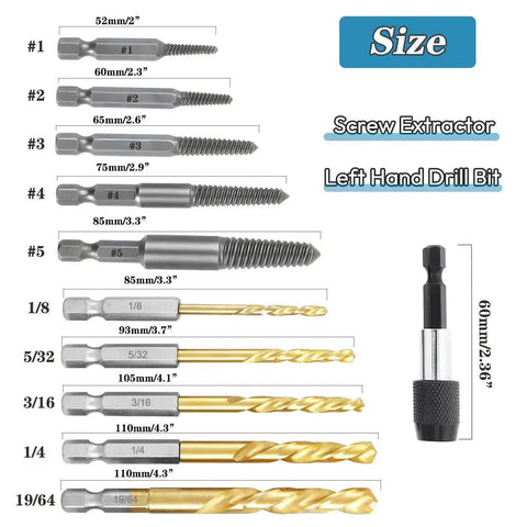 11 Piece Stripped Screw Extractor Set With Left Hand Drill Bits And Bolt Extractors For Removing Damaged Screws Bolts And Studs Quick Change Adapter Included Hex Shank Beast DIY Ready, showing various sizes and specifications of bits and extractors