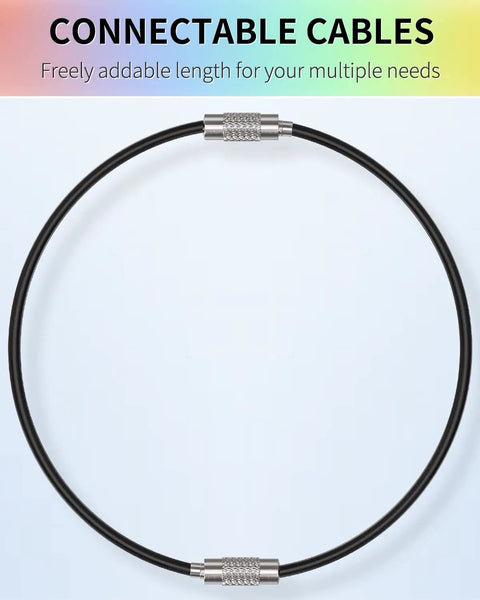 Close-up of a black connectable 4 Inch Wire Keychain Cable from 12 Pack in 6 Assorted Colors, showing stainless steel connectors.