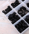 Black Grommet Gasket Set 125 Piece Rubber Seals With Plastic Storage Box Garage Ready Heavy Duty Heat Resistant For Faucets Hoses Pumps And Auto Applications DIY Friendly For Car And Home Use, assorted black rubber grommets in storage box