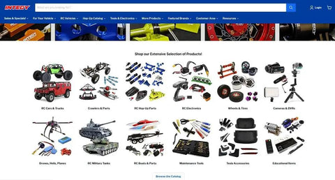 Integy homepage showcasing categories of RC cars, parts, electronics, and accessories; top navigation bar visible.