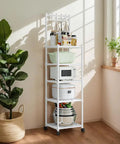 The Real Deal Five Tier Storage Rack Heavy Duty Metal Shelving Unit With Smooth Rolling Casters Rust Resistant Black Finish Built Tough For Zero Hassle Garage And Versatile Organization with white finish, stocked with kitchen items.
