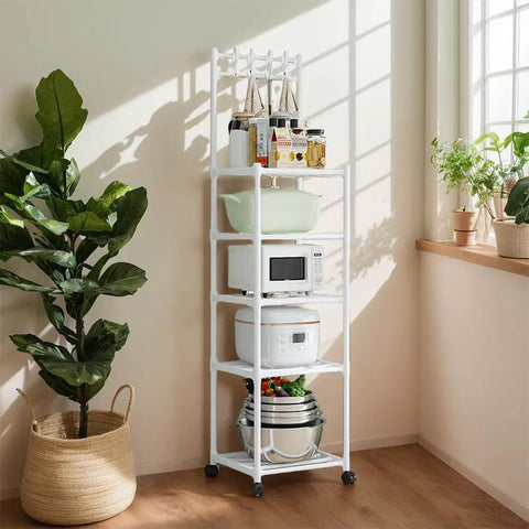The Real Deal Five Tier Storage Rack Heavy Duty Metal Shelving Unit With Smooth Rolling Casters Rust Resistant Black Finish Built Tough For Zero Hassle Garage And Versatile Organization with white finish, stocked with kitchen items.