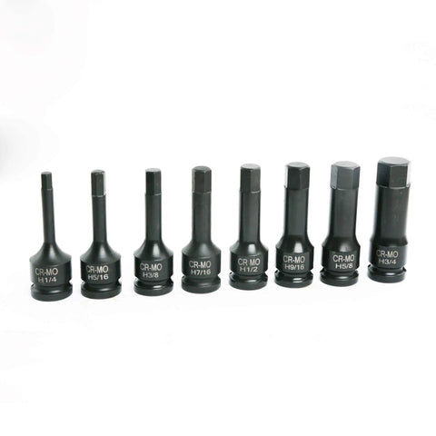 1/2 Inch Drive Impact Socket Hex Bits 8 Piece SAE Set Long 3 Inch Bits With Beefy One Piece Construction And Blow Mold Case